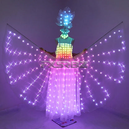 Full Color LED Wedding Dress Women Luminous Wings Suit Fluorescent Butterfly LED Skirt Ballet Wedding Performance Costumes