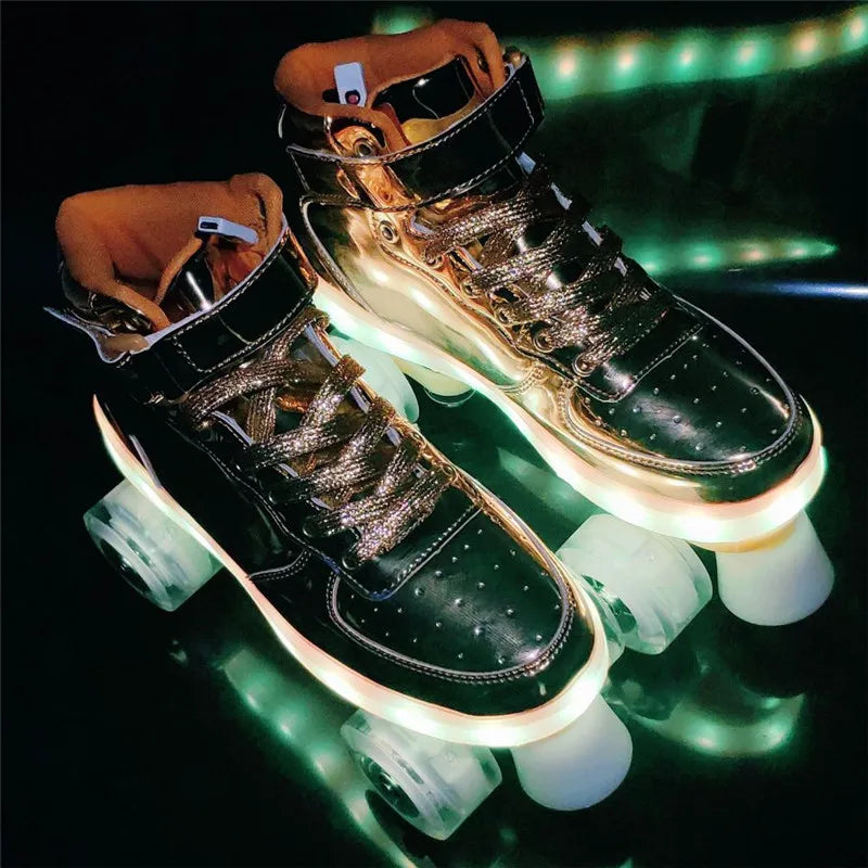 Led Rechargeable Flash Shoes Double Row 4 Wheel Roller Skates Outdoor Men Women Patines