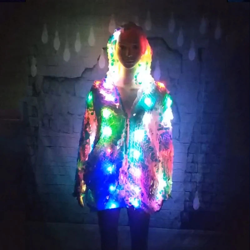 LED Stage Female Sequins Coat Luminous Clothes Casaco Feminino Show For Dancer Singer Star Multiple Lighting Effects LED Costume