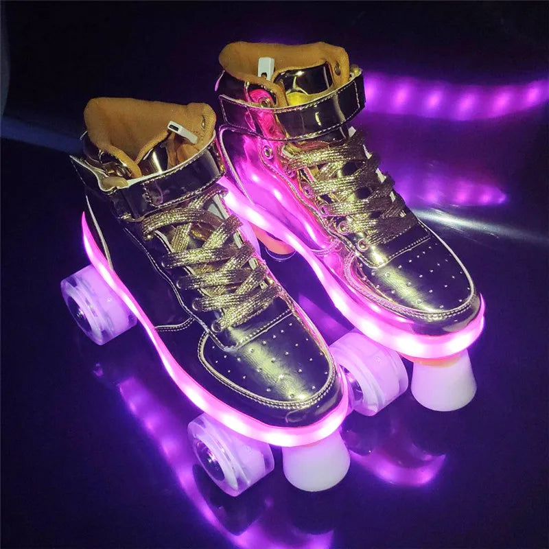 Led Rechargeable Flash Shoes Double Row 4 Wheel Roller Skates Outdoor Men Women Patines