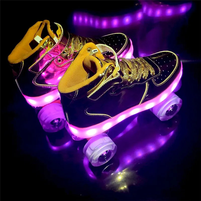 Led Rechargeable Flash Shoes Double Row 4 Wheel Roller Skates Outdoor Men Women Patines