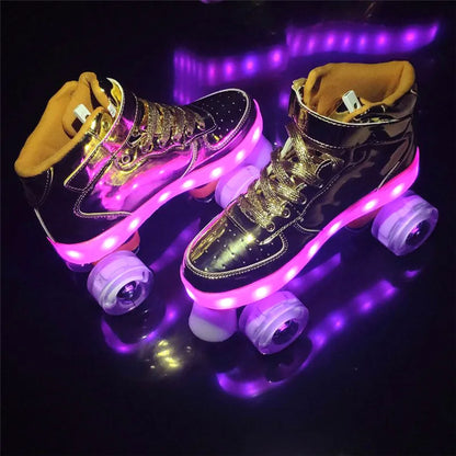 Led Rechargeable Flash Shoes Double Row 4 Wheel Roller Skates Outdoor Men Women Patines