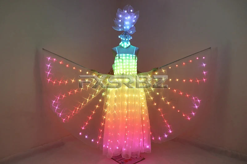 Full Color LED Wedding Dress Women Luminous Wings Suit Fluorescent Butterfly LED Skirt Ballet Wedding Performance Costumes