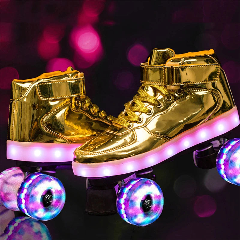 Led Rechargeable Flash Shoes Double Row 4 Wheel Roller Skates Outdoor Men Women Patines