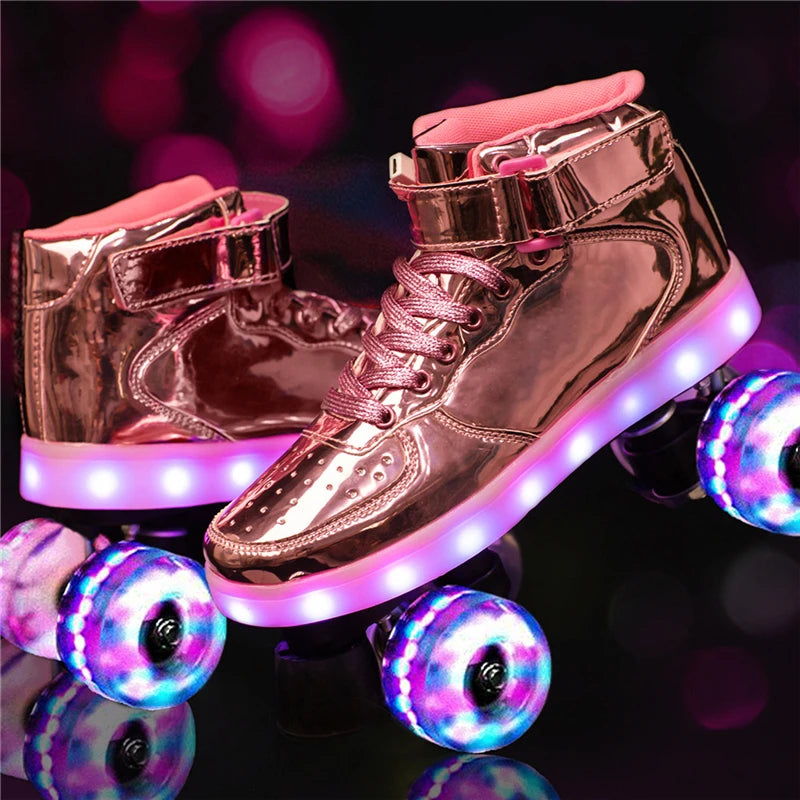 Led Rechargeable Flash Shoes Double Row 4 Wheel Roller Skates Outdoor Men Women Patines