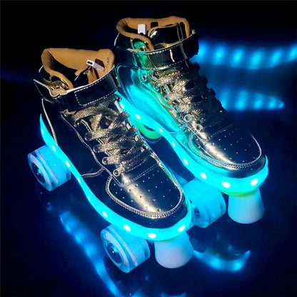 Led Rechargeable Flash Shoes Double Row 4 Wheel Roller Skates Outdoor Men Women Patines