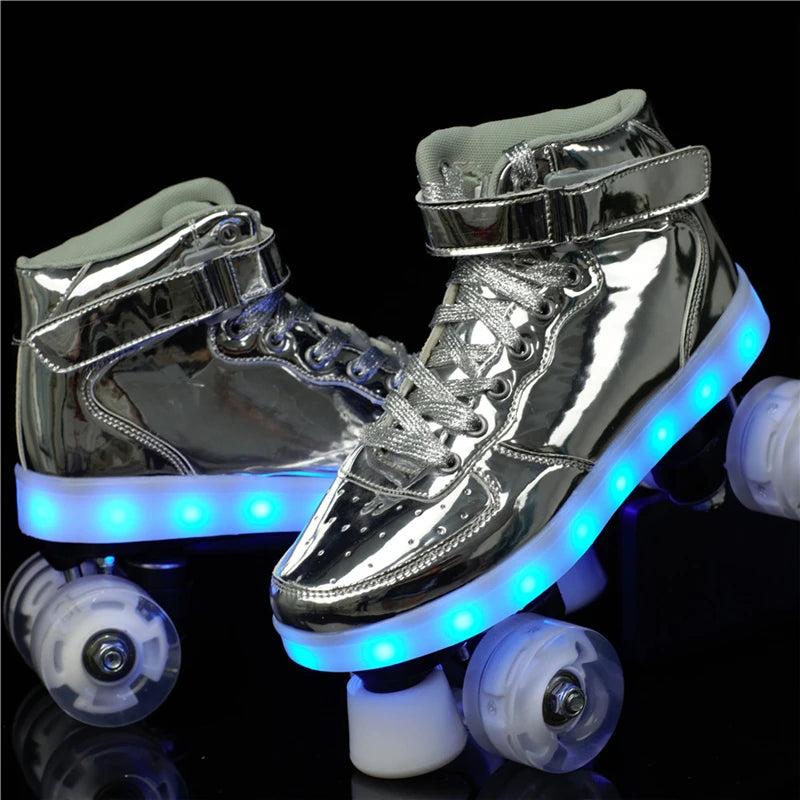 Led Rechargeable Flash Shoes Double Row 4 Wheel Roller Skates Outdoor Men Women Patines