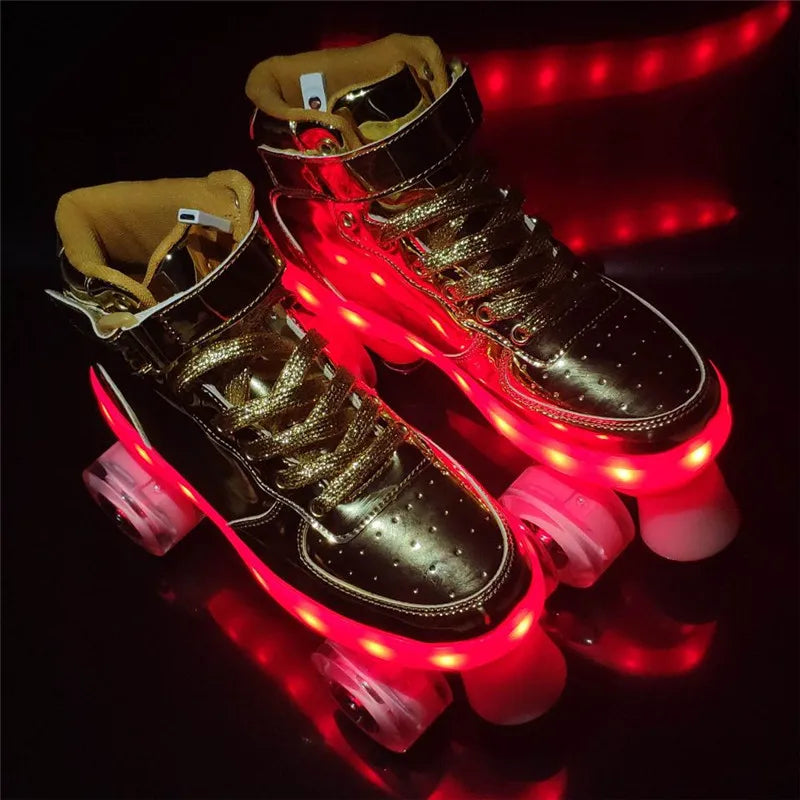 Led Rechargeable Flash Shoes Double Row 4 Wheel Roller Skates Outdoor Men Women Patines