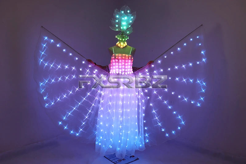 Full Color LED Wedding Dress Women Luminous Wings Suit Fluorescent Butterfly LED Skirt Ballet Wedding Performance Costumes