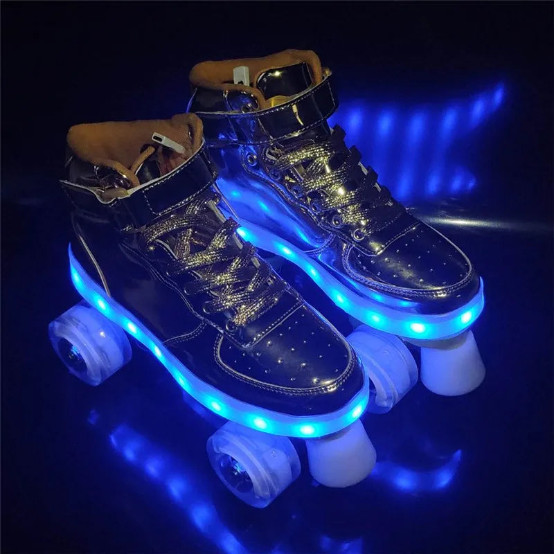 Led Rechargeable Flash Shoes Double Row 4 Wheel Roller Skates Outdoor Men Women Patines