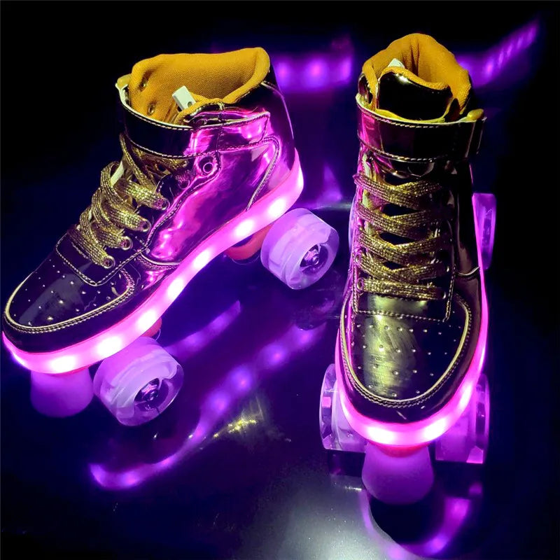 Led Rechargeable Flash Shoes Double Row 4 Wheel Roller Skates Outdoor Men Women Patines