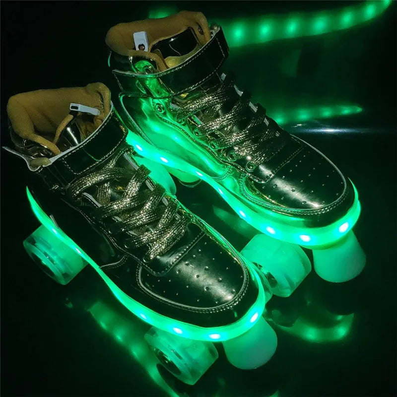 Led Rechargeable Flash Shoes Double Row 4 Wheel Roller Skates Outdoor Men Women Patines