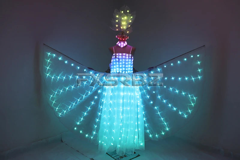 Full Color LED Wedding Dress Women Luminous Wings Suit Fluorescent Butterfly LED Skirt Ballet Wedding Performance Costumes