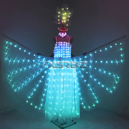 Full Color LED Wedding Dress Women Luminous Wings Suit Fluorescent Butterfly LED Skirt Ballet Wedding Performance Costumes