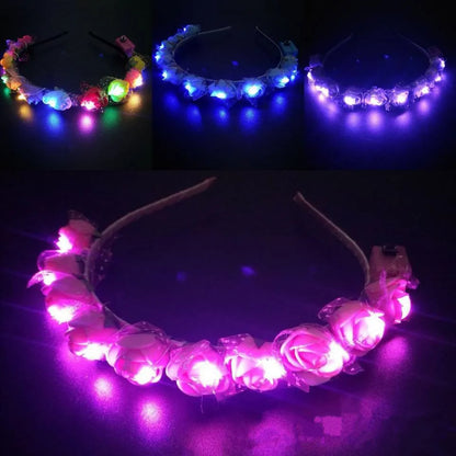 Women Girl Light Up Flower Headband Led Wreath Crown Hair Band Glowing Floral Head Hoop Wedding Birthday Party Hair Accessories