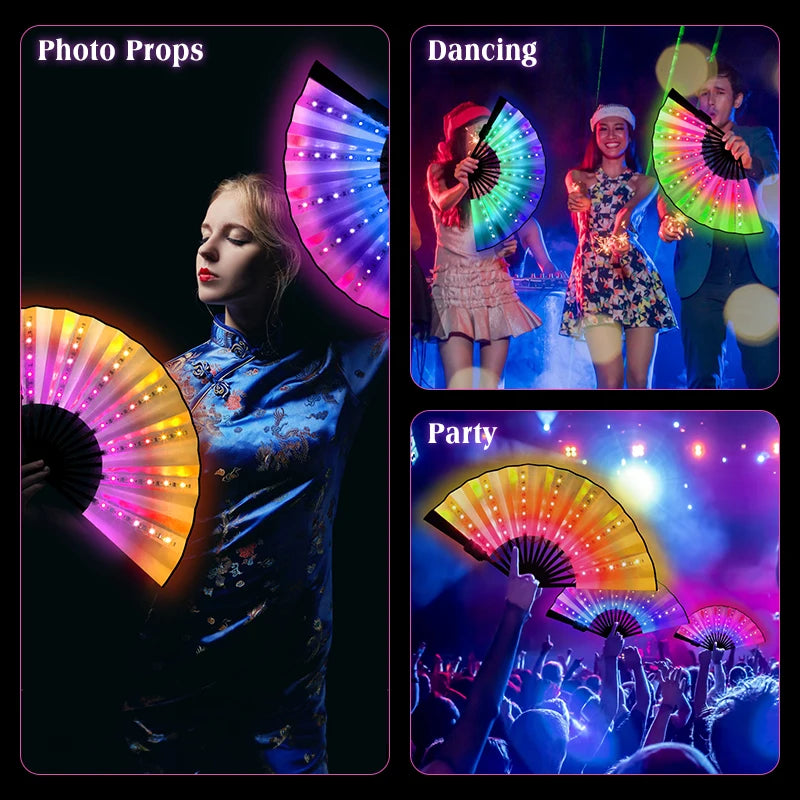 Light Up Folding Hand Fan RGB 366 Modes LED Rechargeable Handheld Fans Rave Music Festival Party Night Club Bar Fluoresce Prop