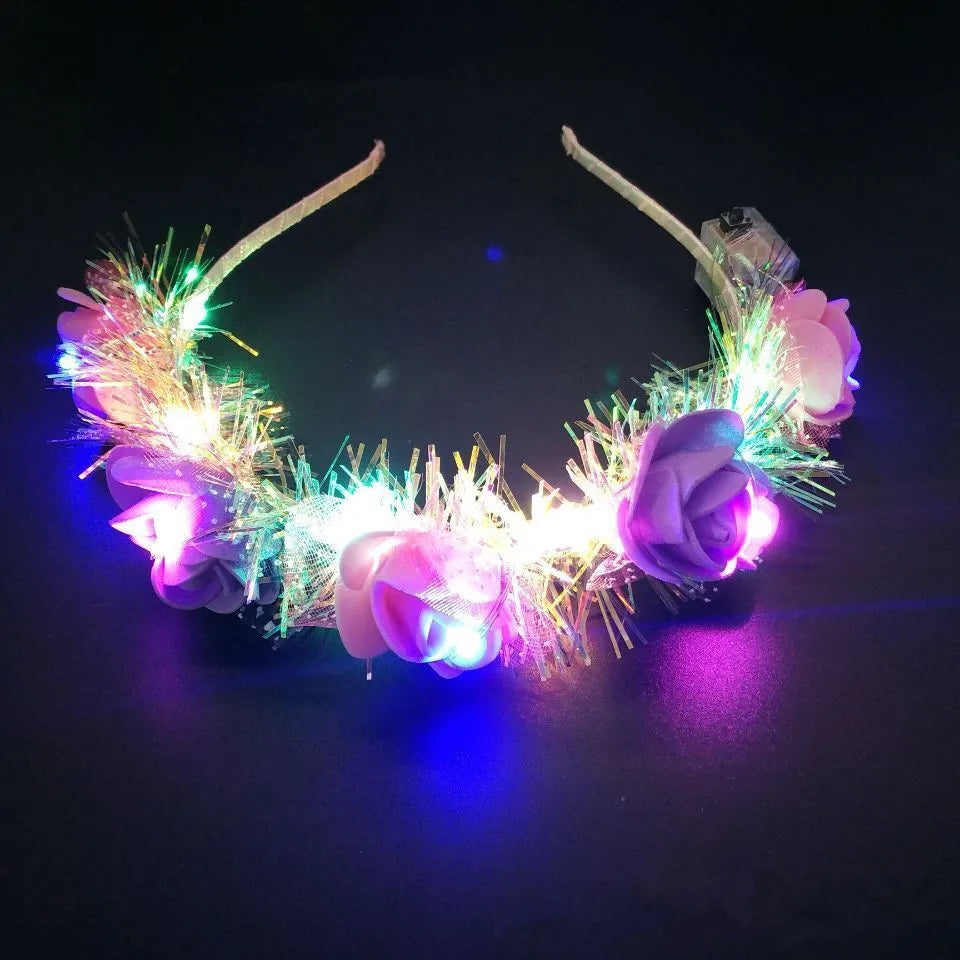 Women Girl Light Up Flower Headband Led Wreath Crown Hair Band Glowing Floral Head Hoop Wedding Birthday Party Hair Accessories