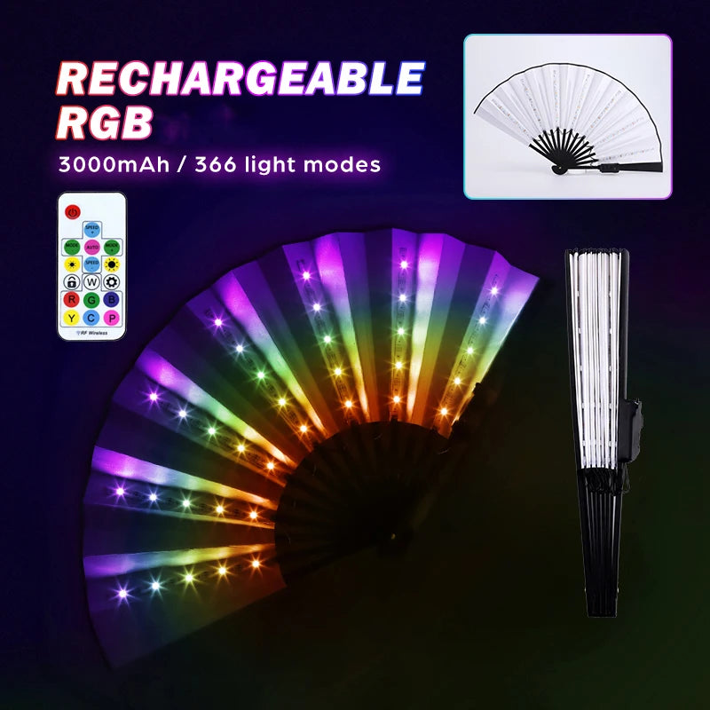 Light Up Folding Hand Fan RGB 366 Modes LED Rechargeable Handheld Fans Rave Music Festival Party Night Club Bar Fluoresce Prop