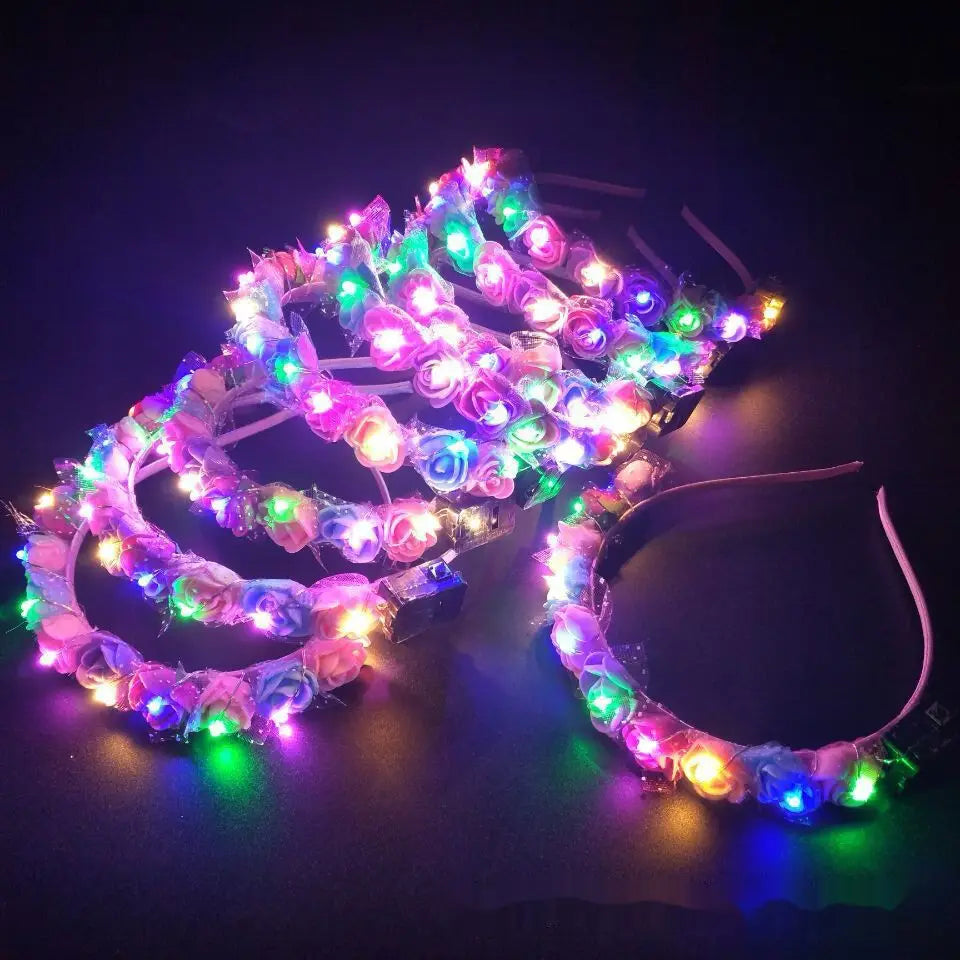 Women Girl Light Up Flower Headband Led Wreath Crown Hair Band Glowing Floral Head Hoop Wedding Birthday Party Hair Accessories